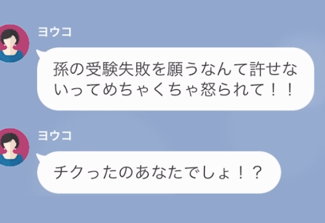 【孫の受験失敗を願う義母】『チクったのあなたでしょ！？』何者かが受験校に“義母の悪事”を報告！？⇒身に覚えのない嫁は困惑…【LINE】