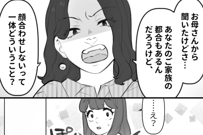 【義姉が理不尽にブチギレ…！】「顔合わせしないってどういうこと？」許可を取っていたはずなのに…詰められる嫁→味方のはずの”義母の反応”に驚愕…！