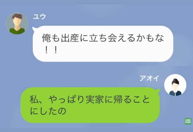 夫「里帰りやめたし立ち合い出産だな！」妻「実家帰るよ」→直後…”実家へ帰る理由”を知った夫は「へ？」